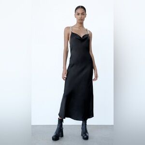 Zara Black Chain Strap Satin Effect Midi Dress
